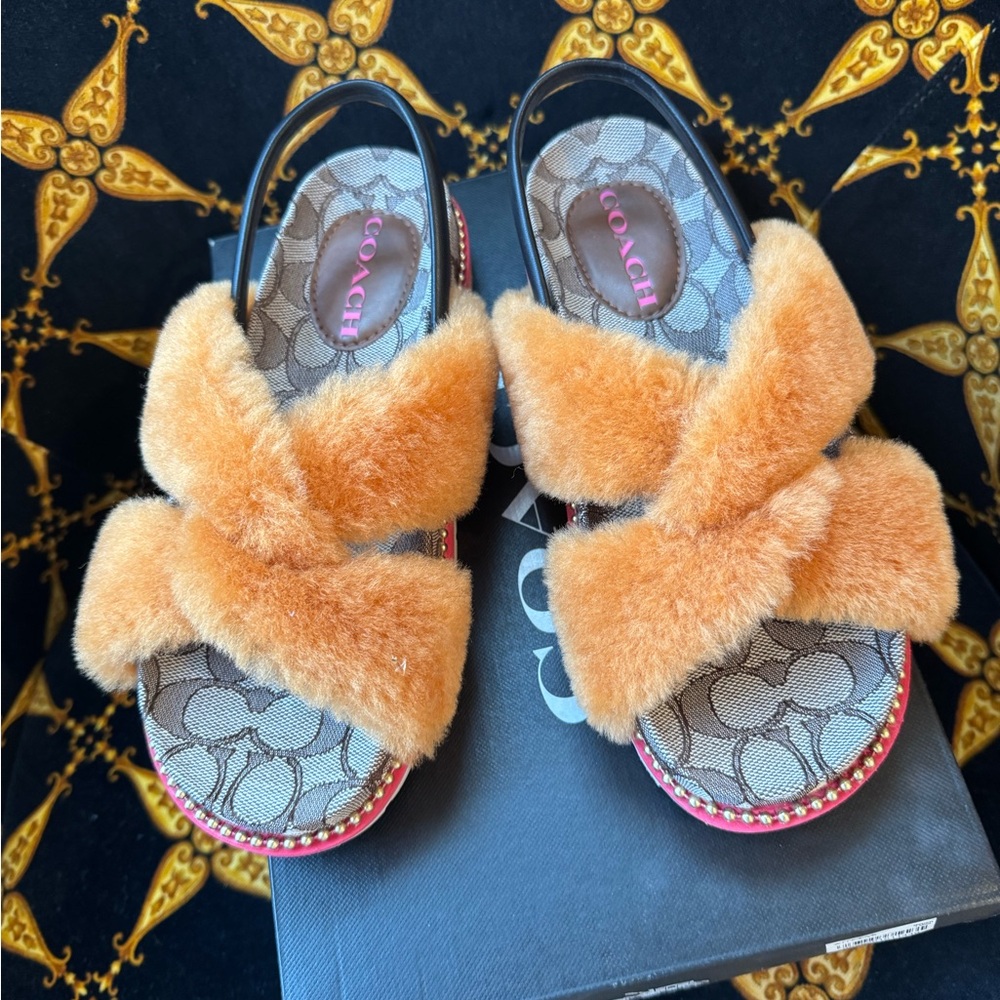 Coach Orange Fuzzy Sandals with Signature Pattern
